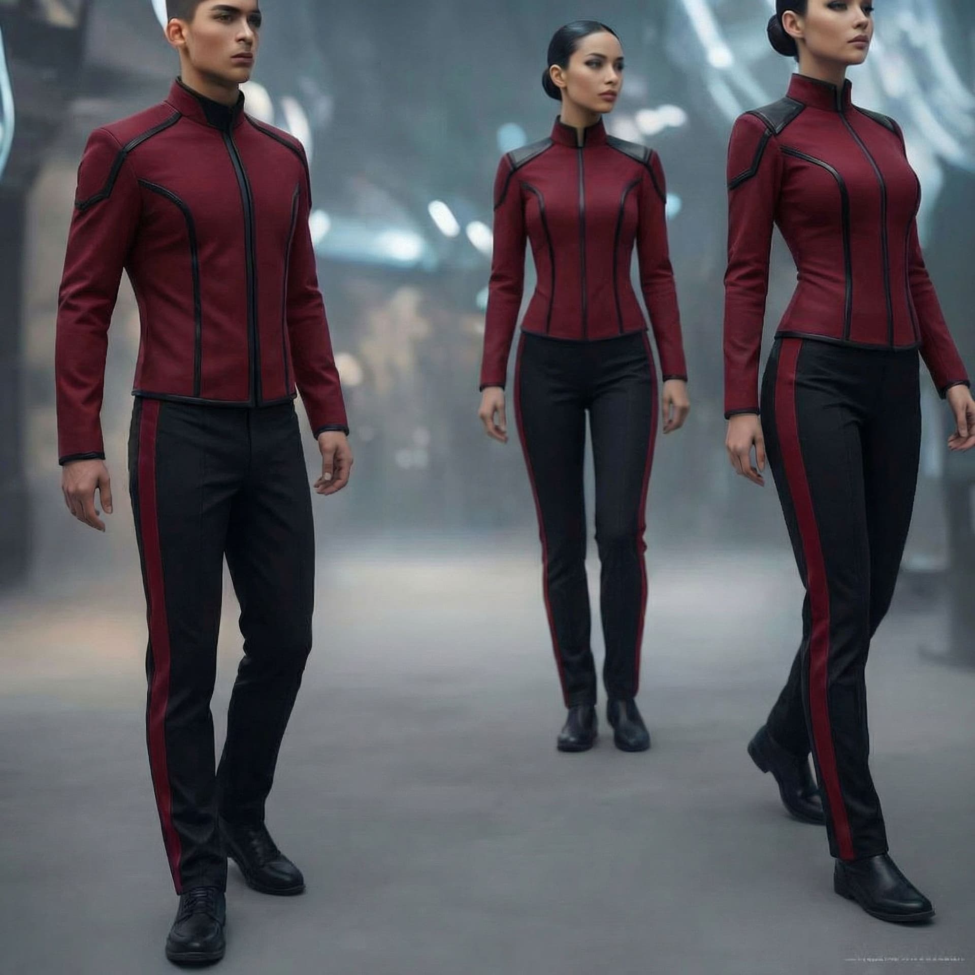AI generated: Create a Sci-Fi uniform. Use the reference image and turn all blue to red. The color of the uniform ...
