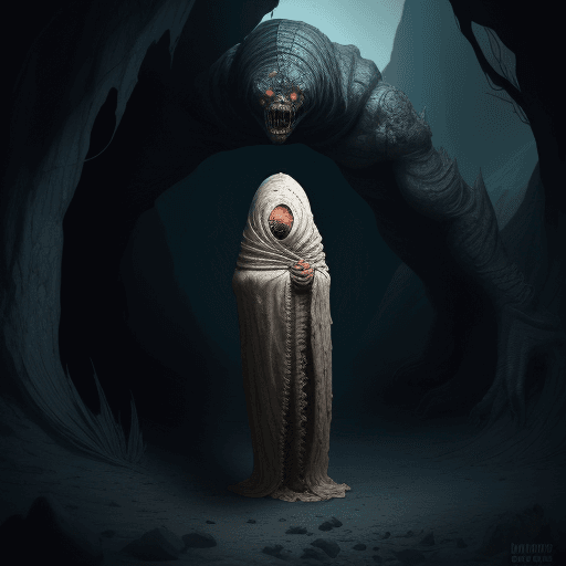 AI generated: scary creature that looks like a burrito, full body, human eyes, cave in the background, humann ches...