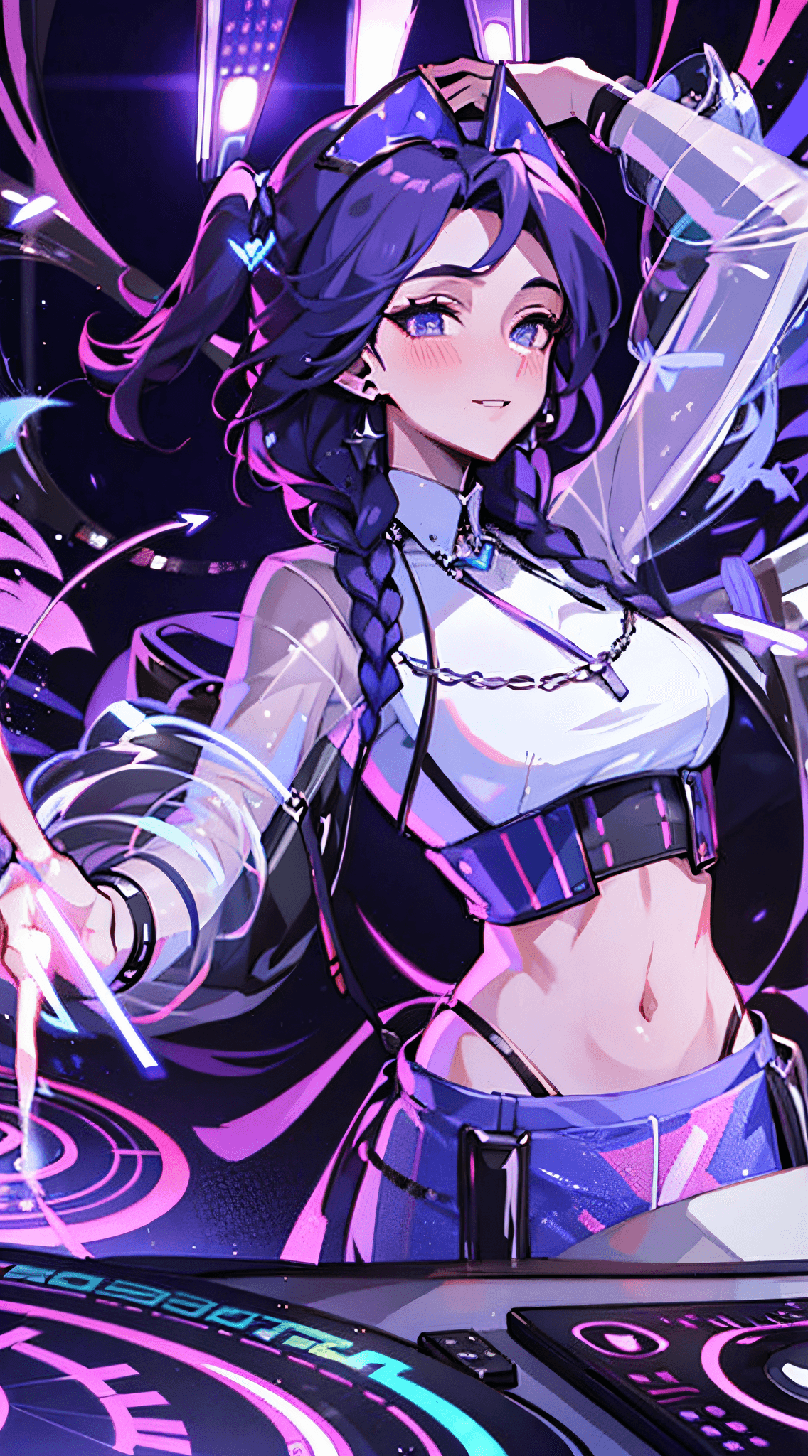 AI generated: ((best quality)), ((masterpiece)), intricate details, dj, disco, lights, xyzdiscboom, game, purple t...