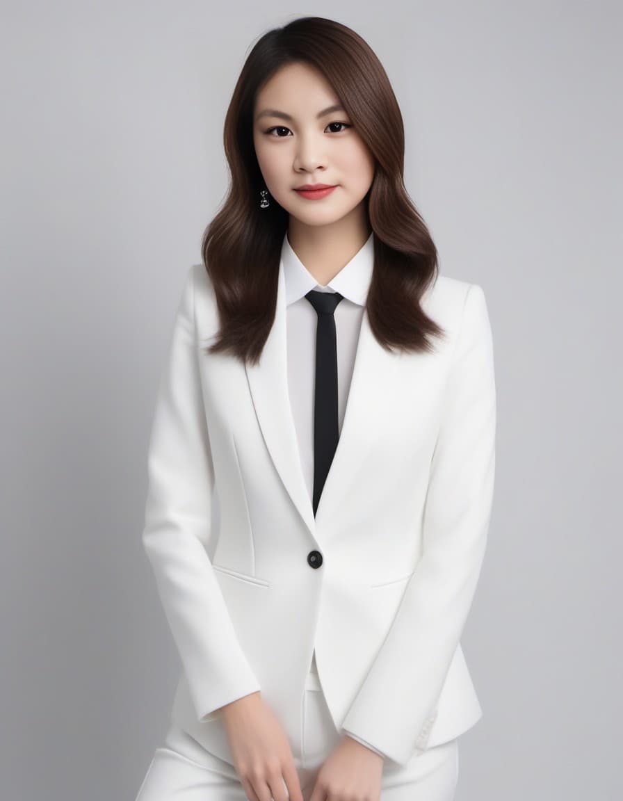 AI generated: asian woman model, black photo studio, white suit, black shirt, white tie, white shoes.