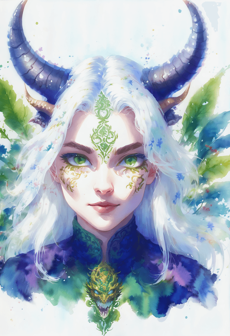 AI generated: hand drawn sketch illustration of a beautiful tiefling with white hair, green eyes, symmetrical drag...