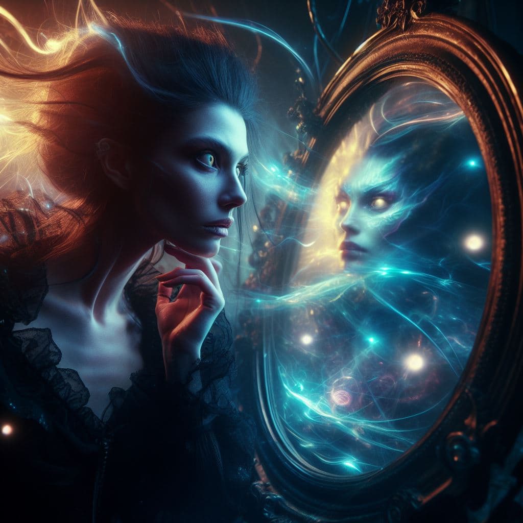 AI generated: A mystical woman with a strange but also fascinating aura looks thoughtfully into a magic mirror. Sh...