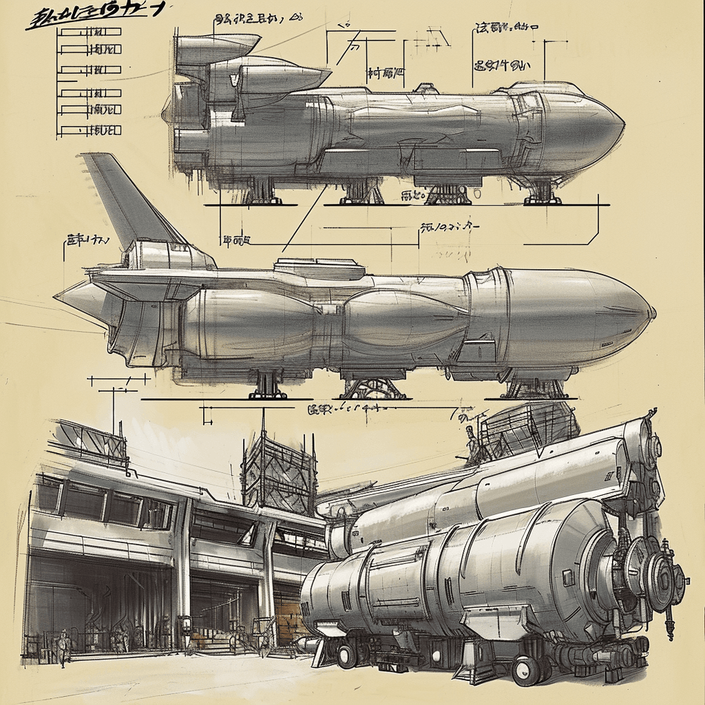 AI generated: sketches, blueprint of futuristic, sci fi, hyperdrive engines, repair, matter and anti matter holdin...