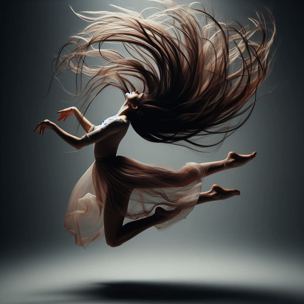 AI generated: Capture the mystique of a girl mid-jump, her long hair suspended in the air. Explore the intrigue in...