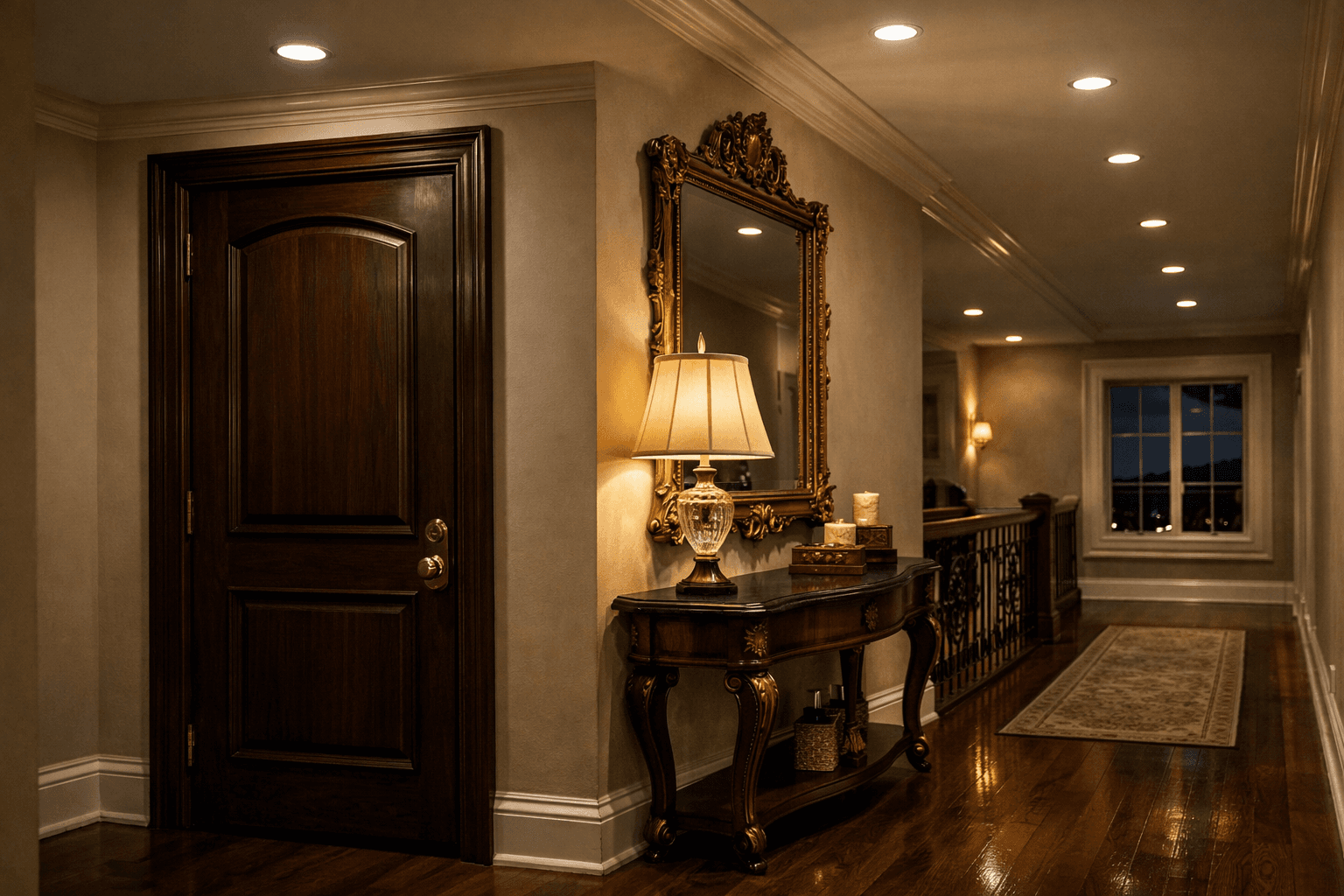 AI generated: At night at a beautiful and luxurious house, on the second floor.

There are a few spotlights built ...