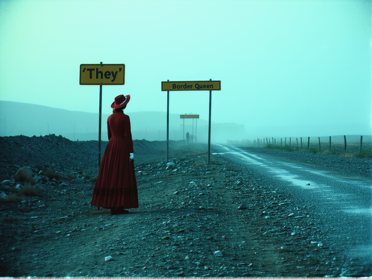 AI generated: ((a random picture, capturing the essence of a border crossing from a bygone era, where the words 'T...