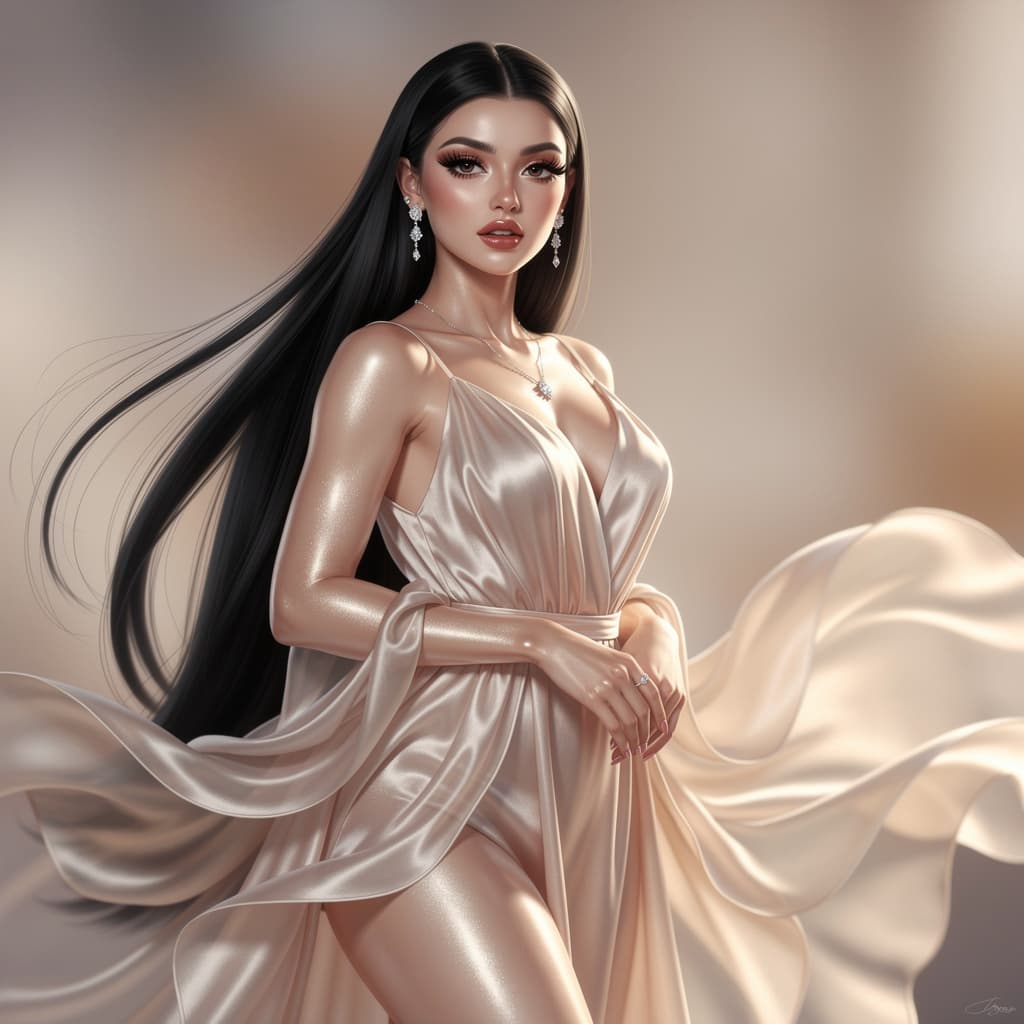AI generated: Hyperrealistische illustration a beautiful woman with long black hair and makeup jewelry long lashes...