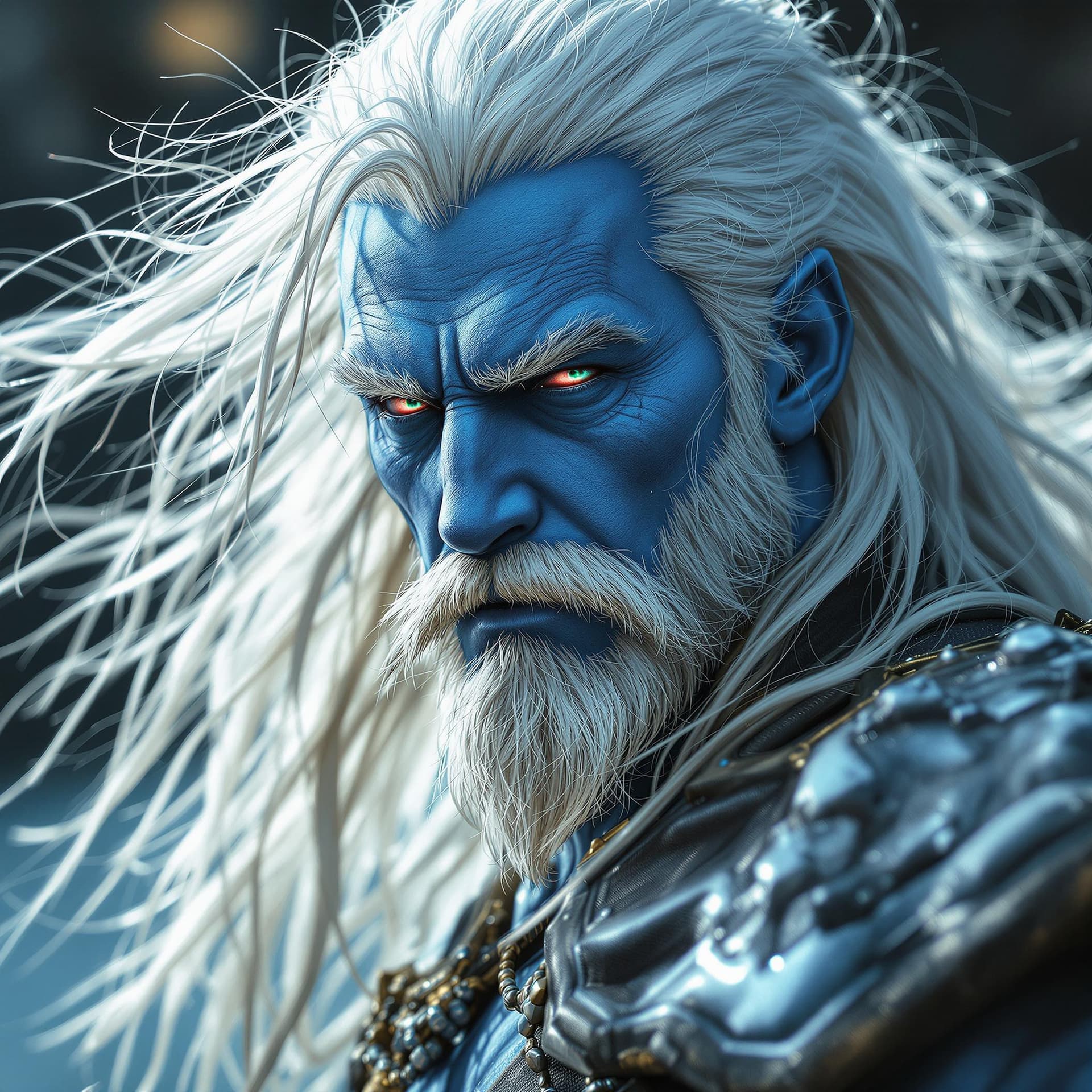 AI generated: Photo of a ultra realistic portrait, dramatic light, middle aged male humanoid, sky blue skin tone, ...