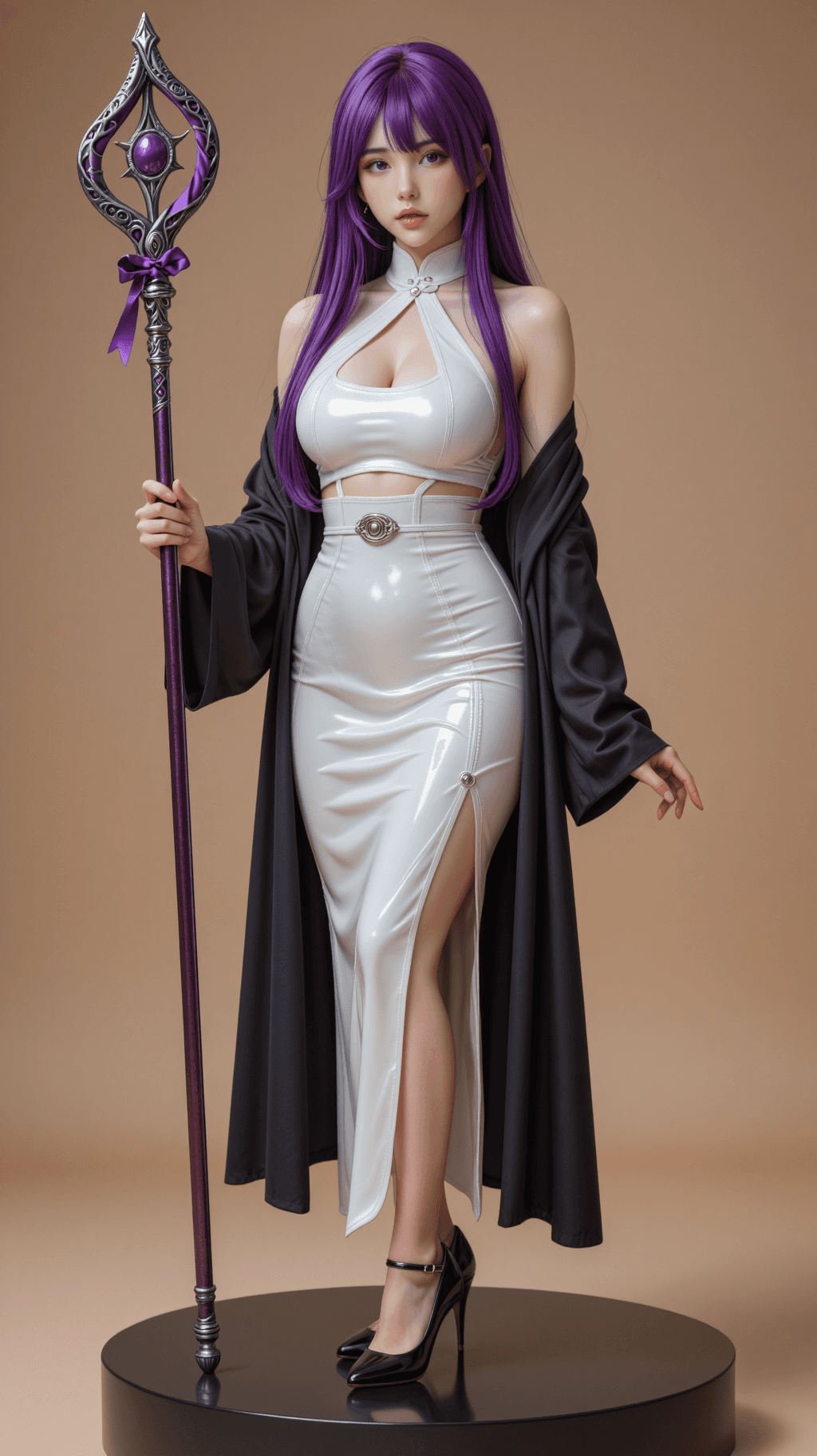 AI generated: The image is a vertical, high-fidelity realistic photograph of a woman cosplaying as the character F...