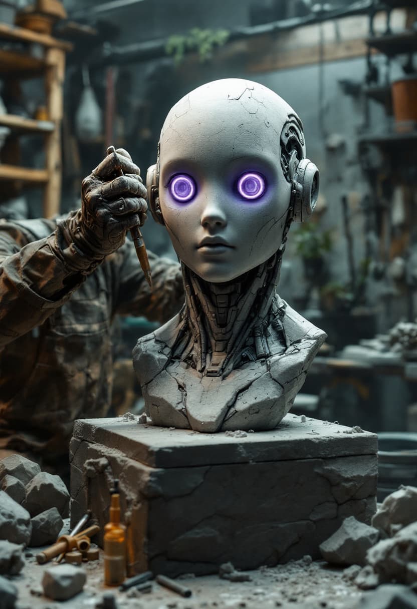 AI generated: A highly detailed cinematic shot capturing a human sculptor from the knees up, skillfully carving a ...
