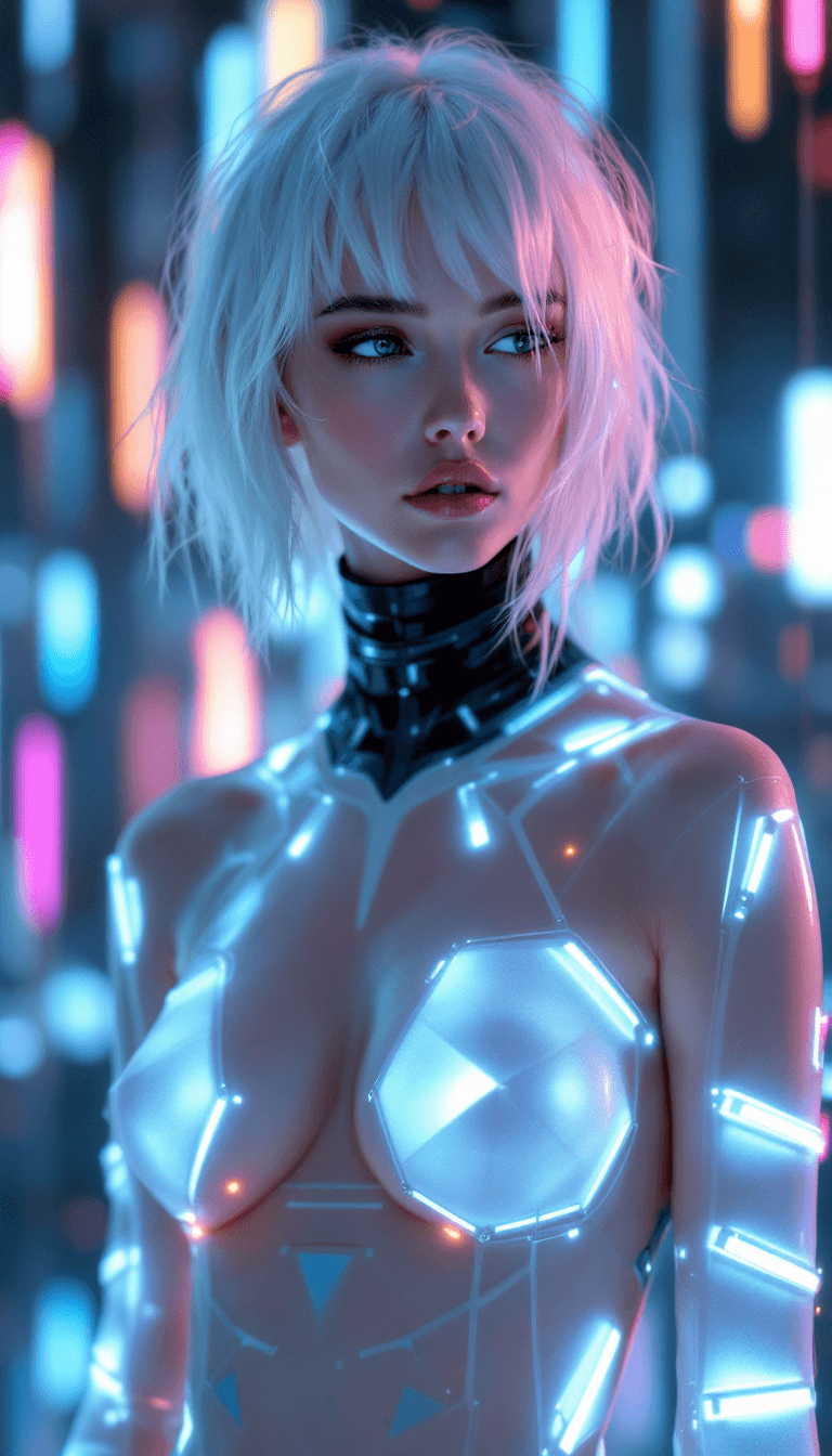 AI generated: An ethereal figure with platinum blonde hair, that is often styled to be almost transparent. Her eye...