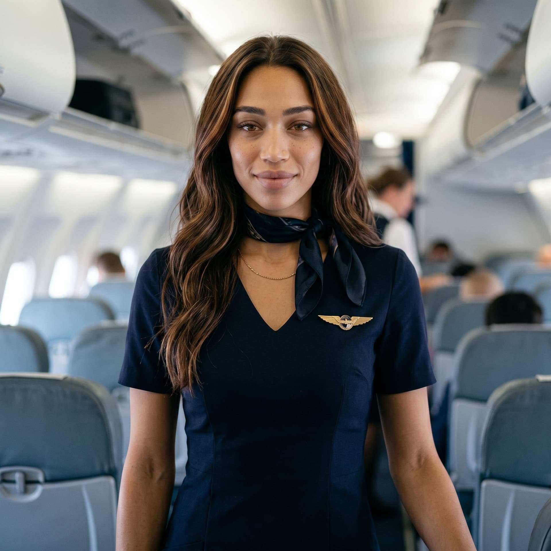 AI generated: Photorealistic portrait of a young Mediterranean-Latin woman, 26 years old, flight attendant, standi...