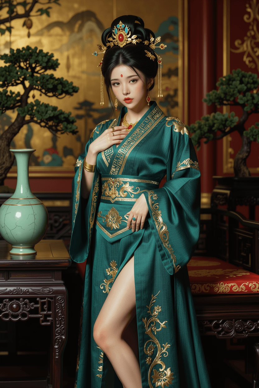 AI generated: A full-body photorealistic portrait of an exquisitely beautiful, regal East Asian noblewoman standin...
