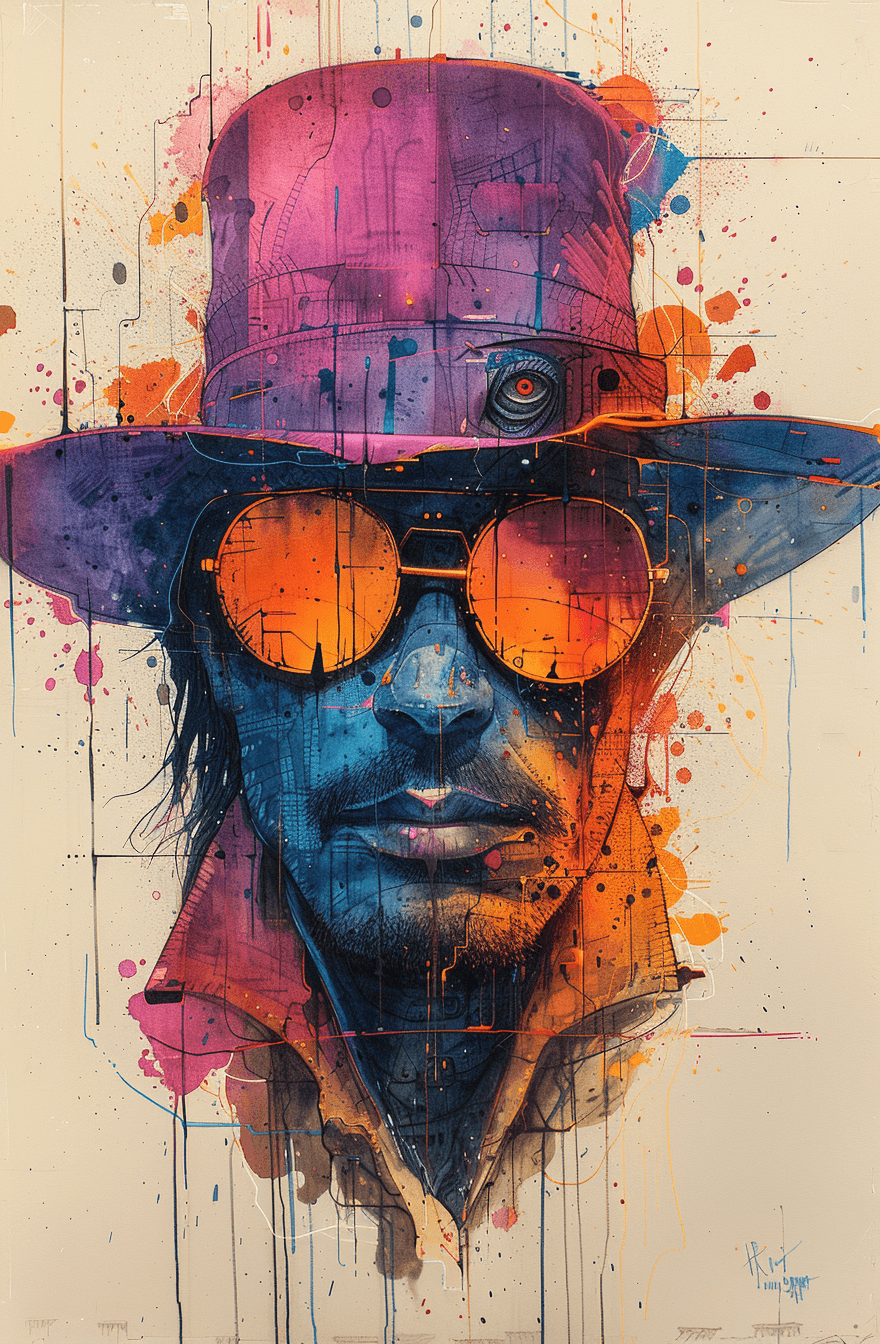 AI generated: drawing with a multi-colored hat, in the style of gloomy metropolises, pop culture mash-up, intricat...