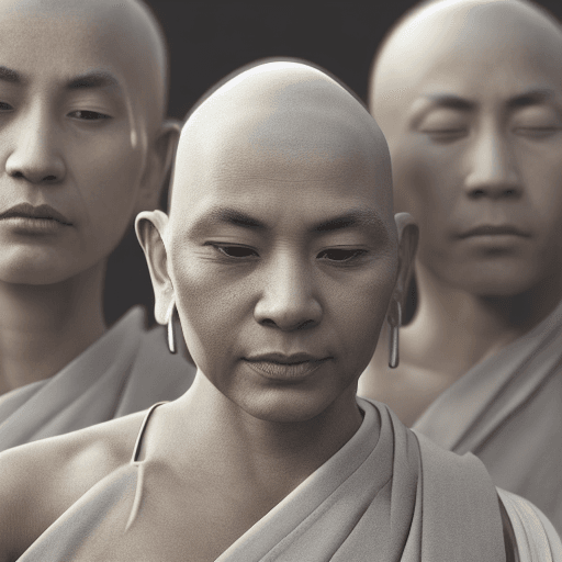 AI generated: Buddhist monks, profile-like faces, microchips, elegant, beautiful background, Octane rendering, H.R...