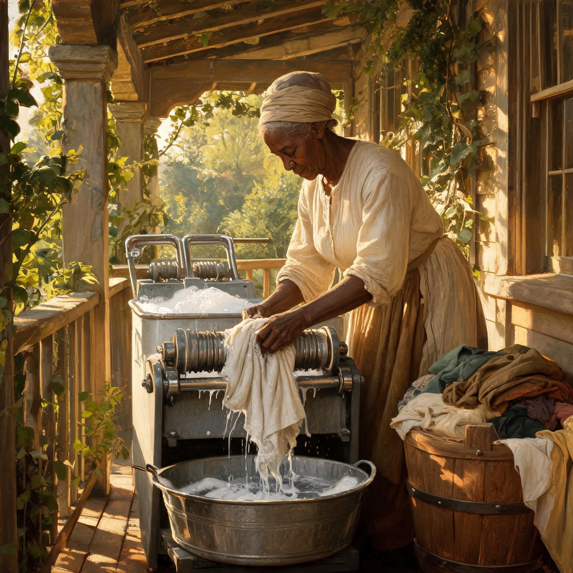 AI generated: An elderly dark-skinned woman doing her laundry in the summer, using an old-fashioned ringer-type wa...