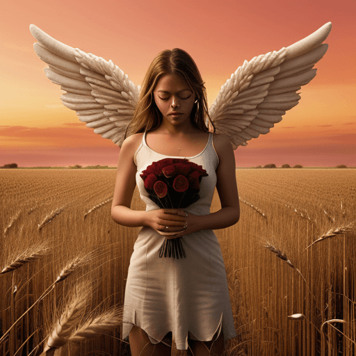 AI generated: angel with tears holding roses, in a wheat field, the red sky, ultra realistic