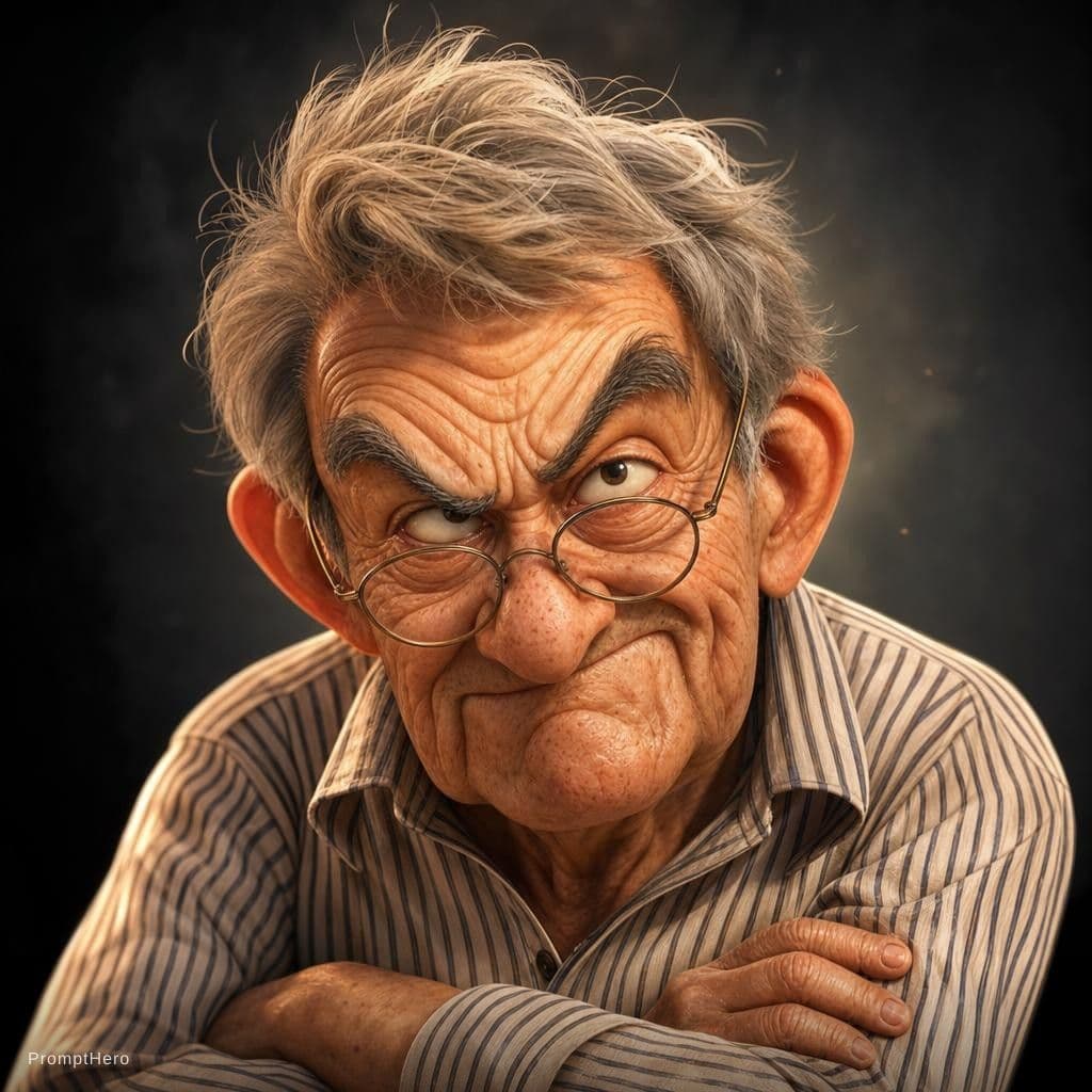 AI generated: Expressive caricature in pixar style unreal charming seemingly mischievous irritated very old man wi...
