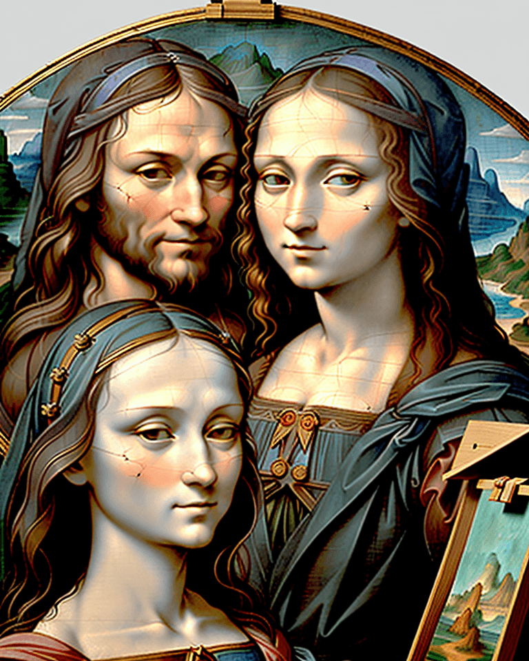 AI generated: Side view Leonardo da Vinci style  portrait of only two:  Michelangelo and Mona Lisa standing in fro...