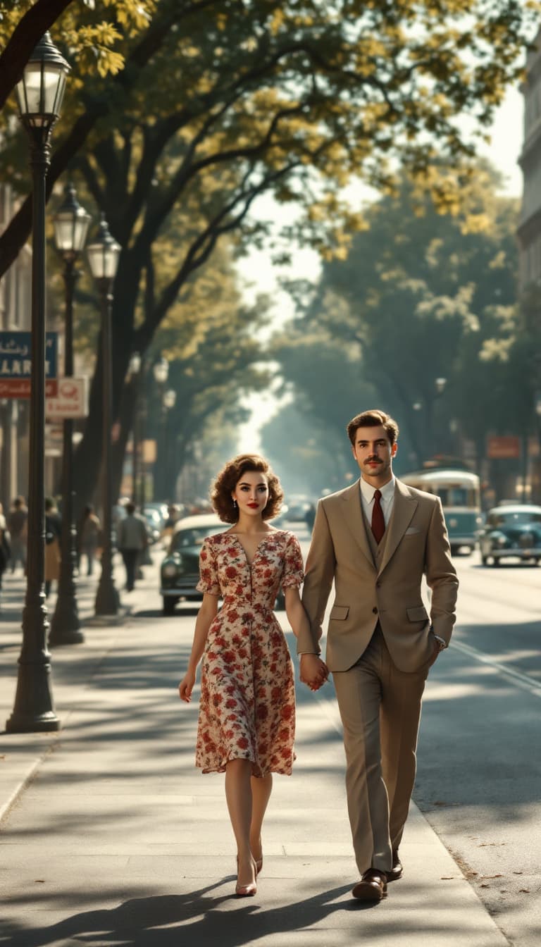 AI generated: A young couple from the 1950s walking along the wide, asphalted streets of Vali Asr Street (formerly...