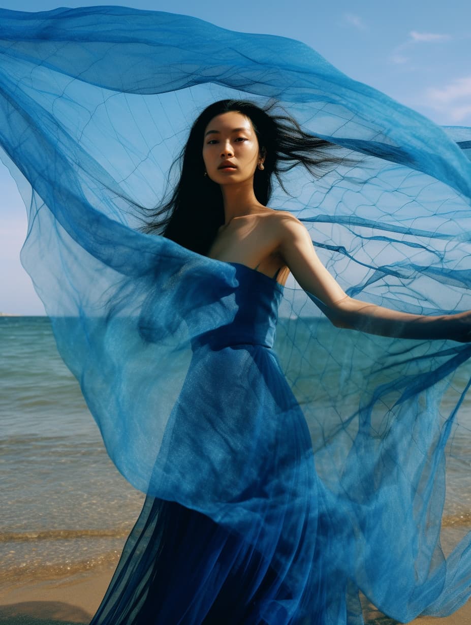 AI generated: a woman in a blue dress on the beach, in style of ren hang, fashion model features, in a style combi...