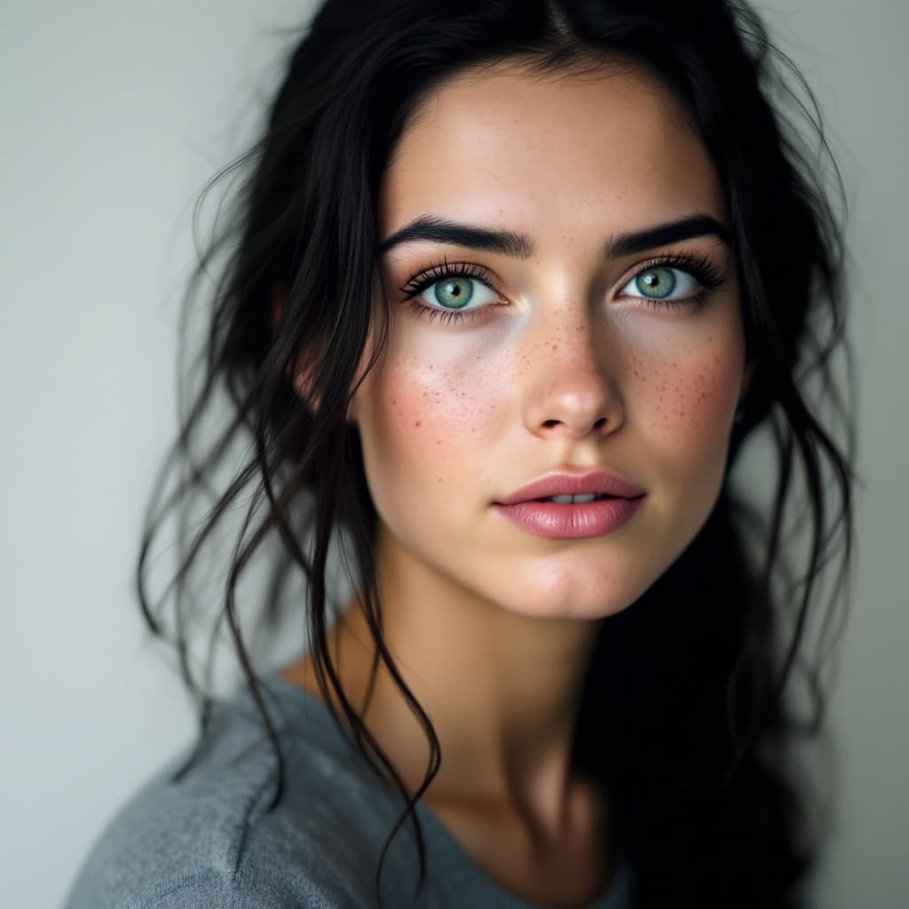 AI generated: Close-up portrait of a woman with green eyes, light freckles, and dark hair styled in loose tendrils...