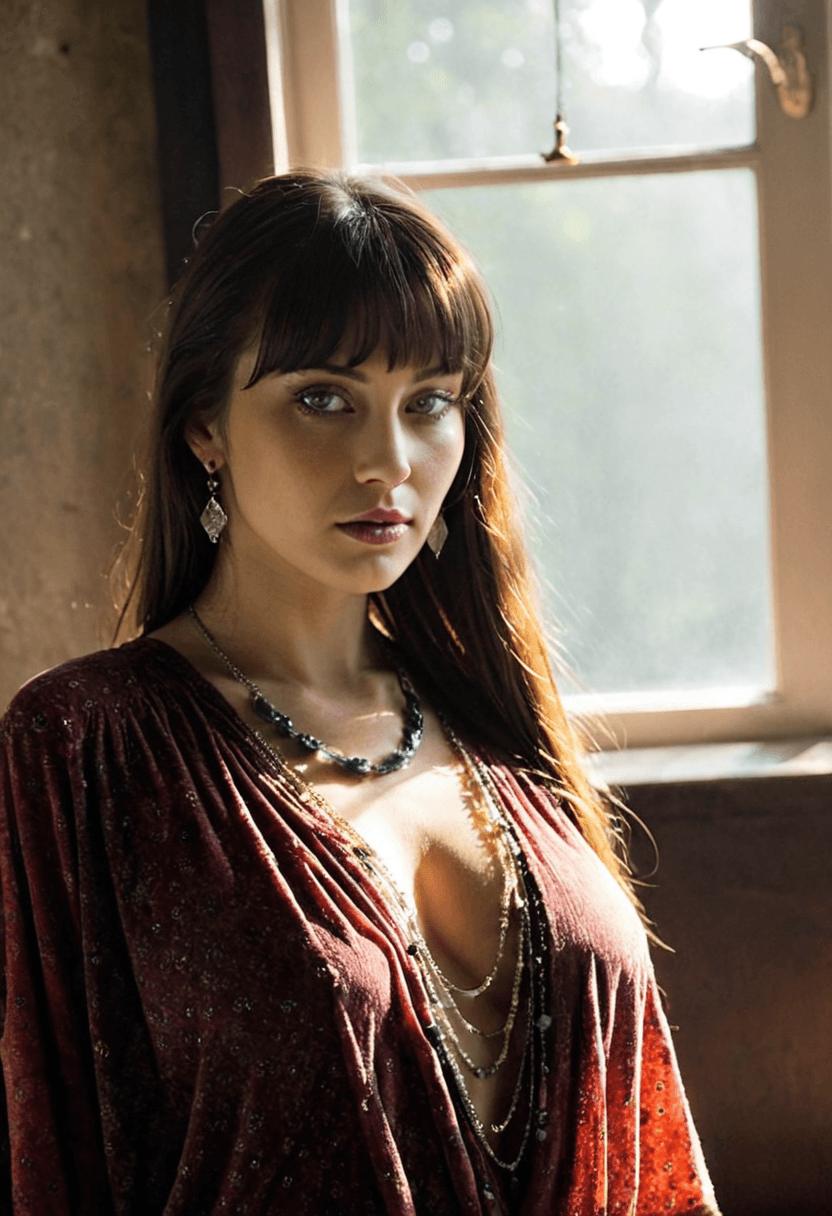 AI generated: woman with dark hair wearing jewelry standing next to window, 1girl, solo, long hair, breasts, looki...