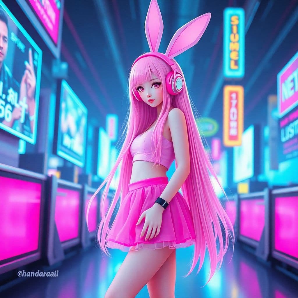 AI generated: The pink bunny girl in the cyber world is a cyberpunk (full body photo), with beautiful long hair, w...