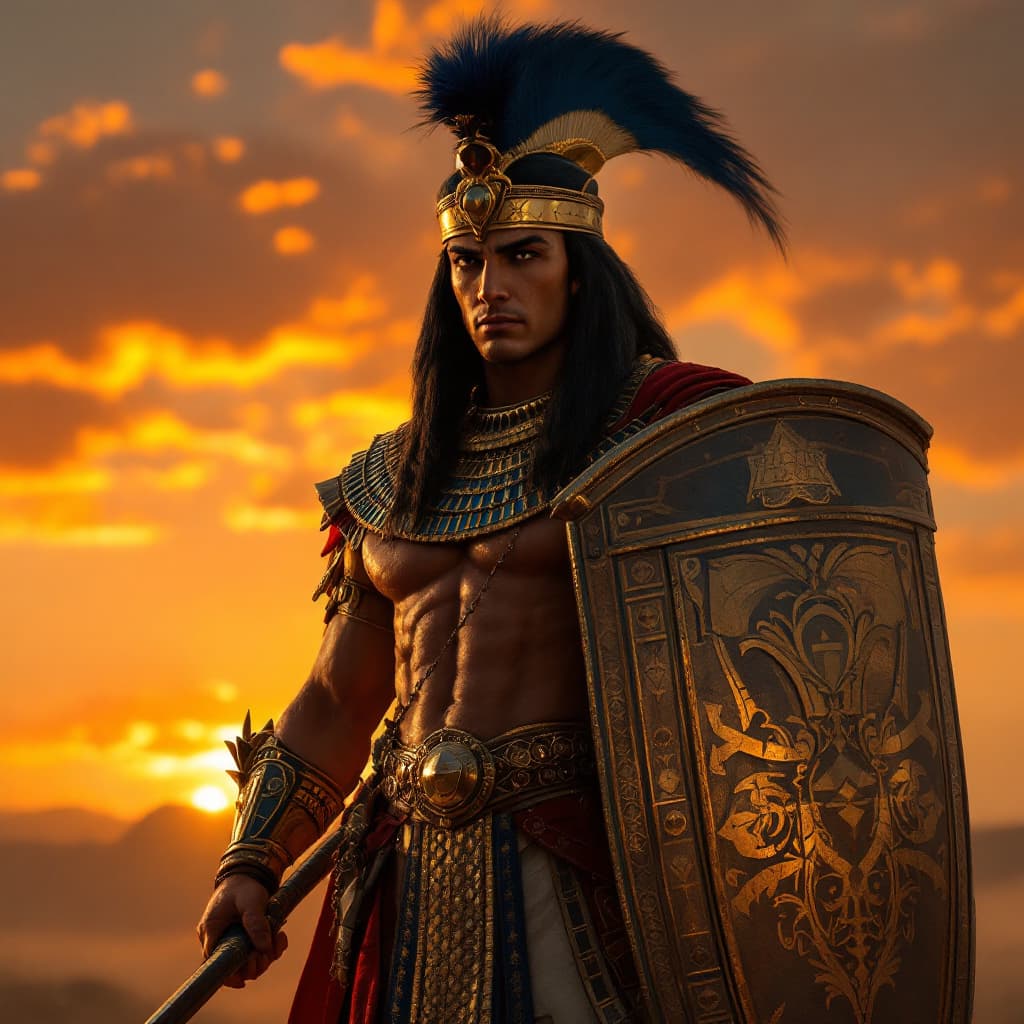 AI generated: Photo of pharonic  egyptian king
Sunset background
Hold his armor
