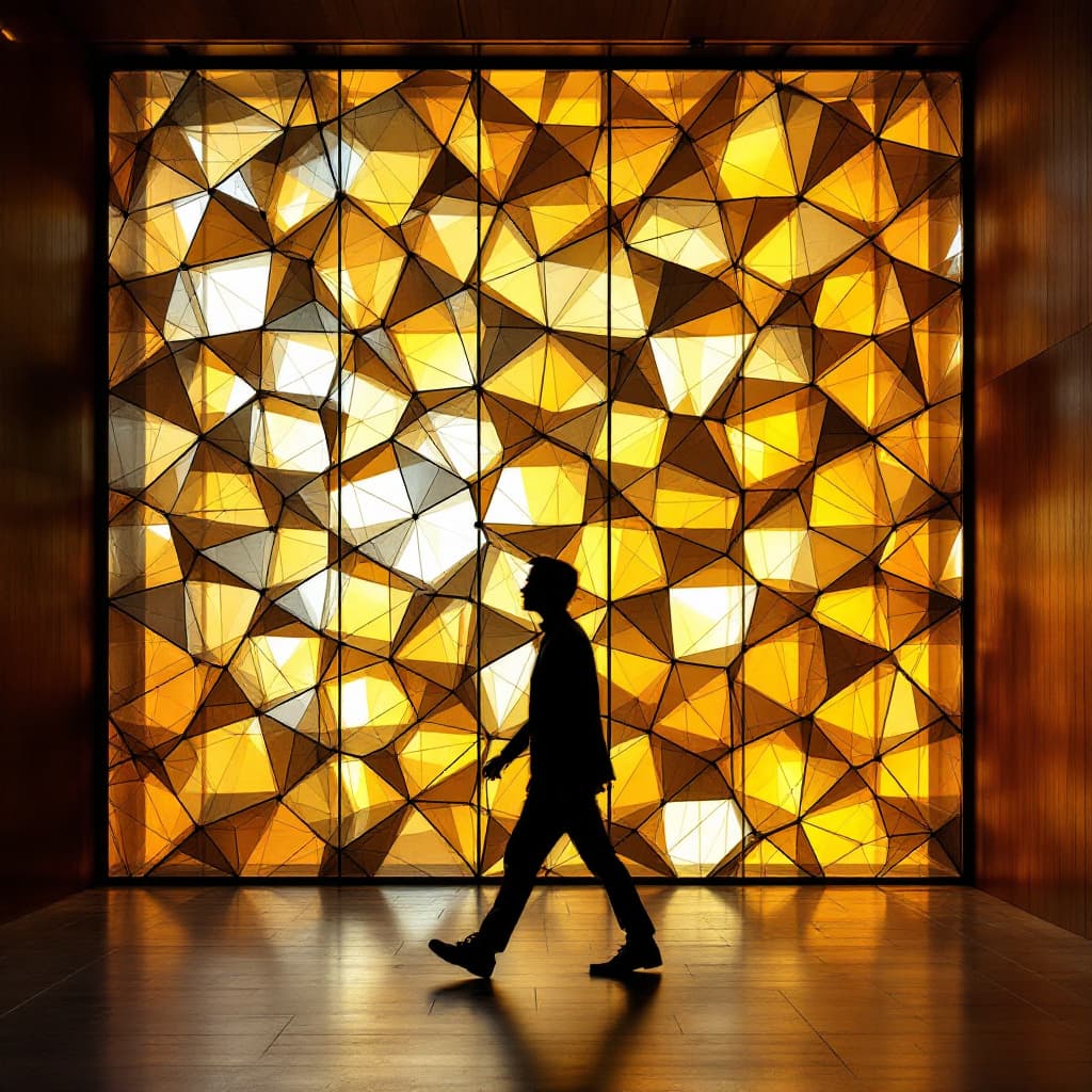 AI generated: photography, triangular pattern translucent glass wall installation with black metal frame grid, war...