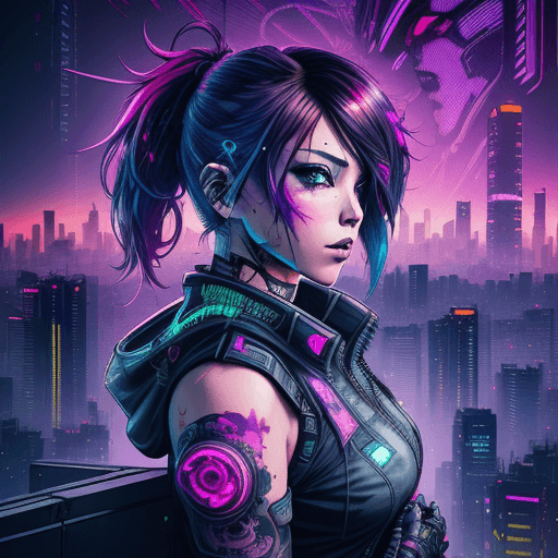 AI generated: A visual stunning photo of a female cyberpunk looking over tokyo skyline |centered| key visual| intr...