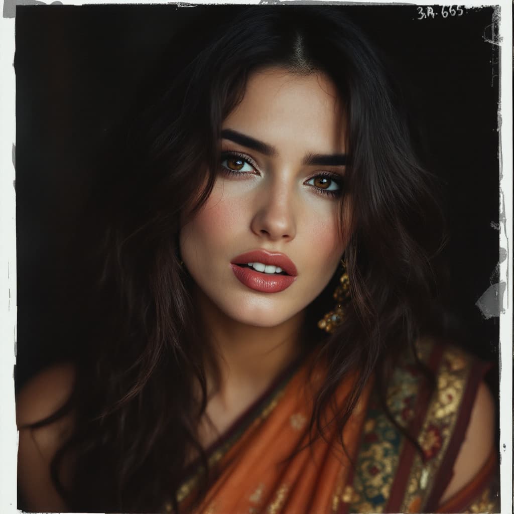 AI generated: Jennifer Connelly, biting her lip, 18-21 years old, brown hair, Indian hair style, saree,trying to r...