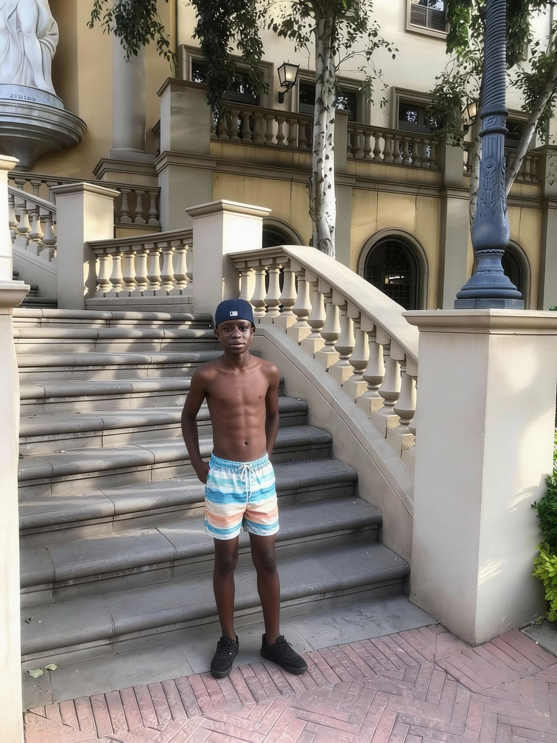 AI generated: Remove shirt Add beach shorts cut body six pack