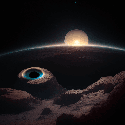 AI generated: A dramatic landscape on an exoplanet with a breathtaking view of a ringed gas giant in the sky. The ...
