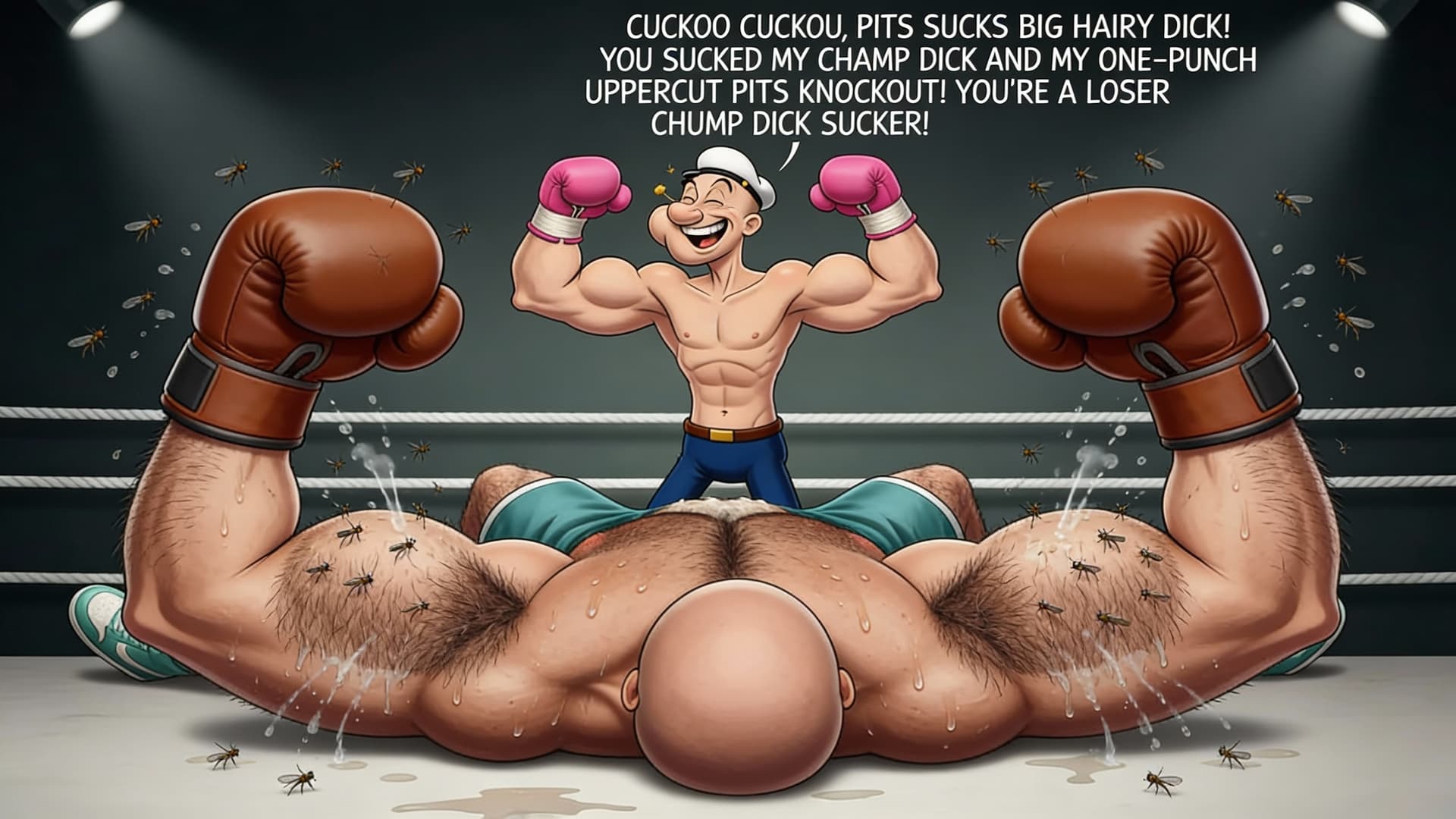 AI generated: PITS, the loser chump boxer is knocked out cold onto his hairy, sweaty back with his massive, hairy,...