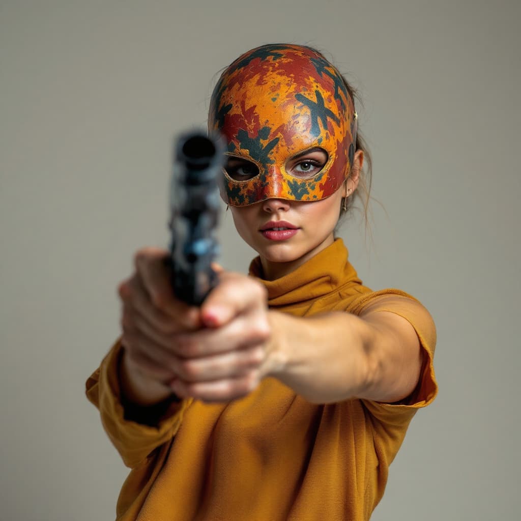 AI generated: The woman put the full-head mask on her head and after she poses in attack position, their arm towar...