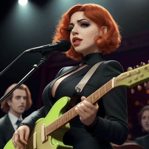 AI generated: Cantante mujer con traje, parecido a los cantantes de jazz, de tez clara con cabello pelirrojo/anara...