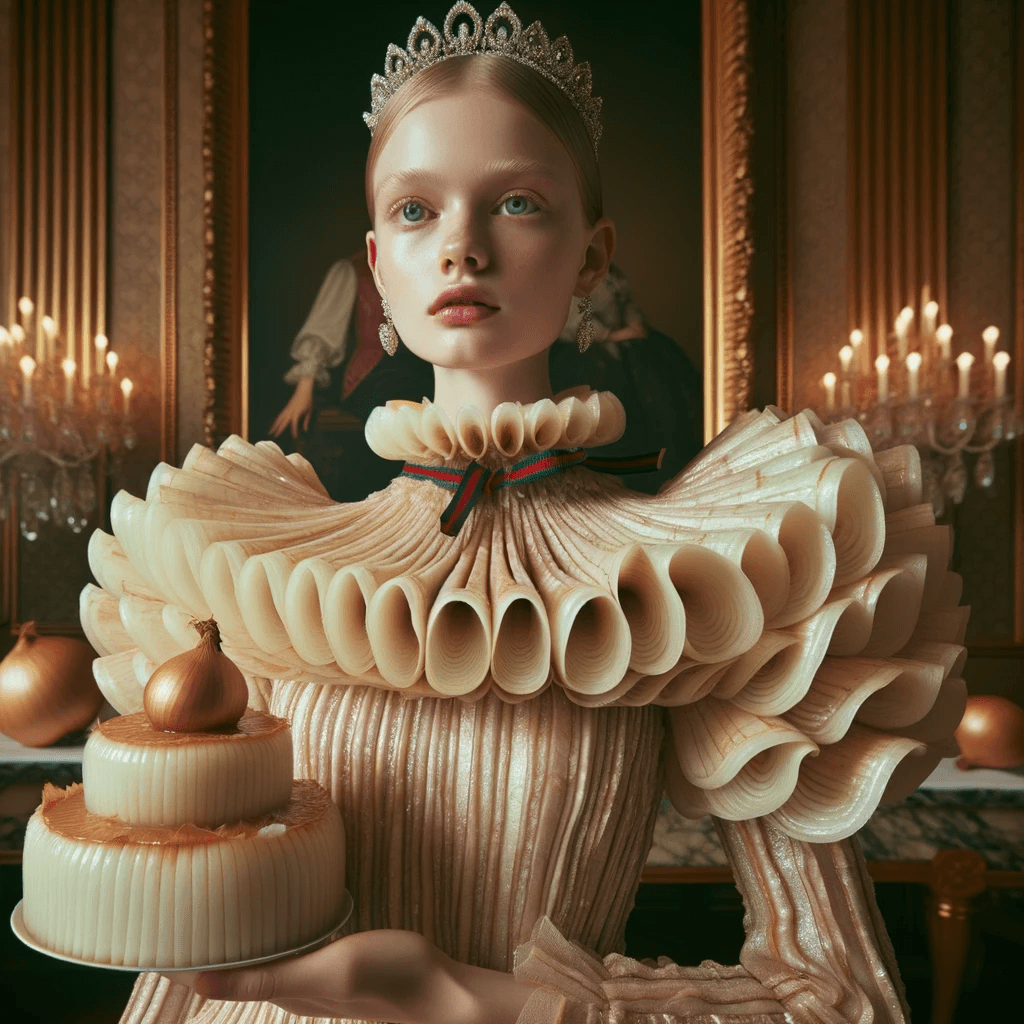 AI generated: Fashion Photography: A hyper-realistic, surreal portrait capturing the Gucci aesthetic. A young girl...