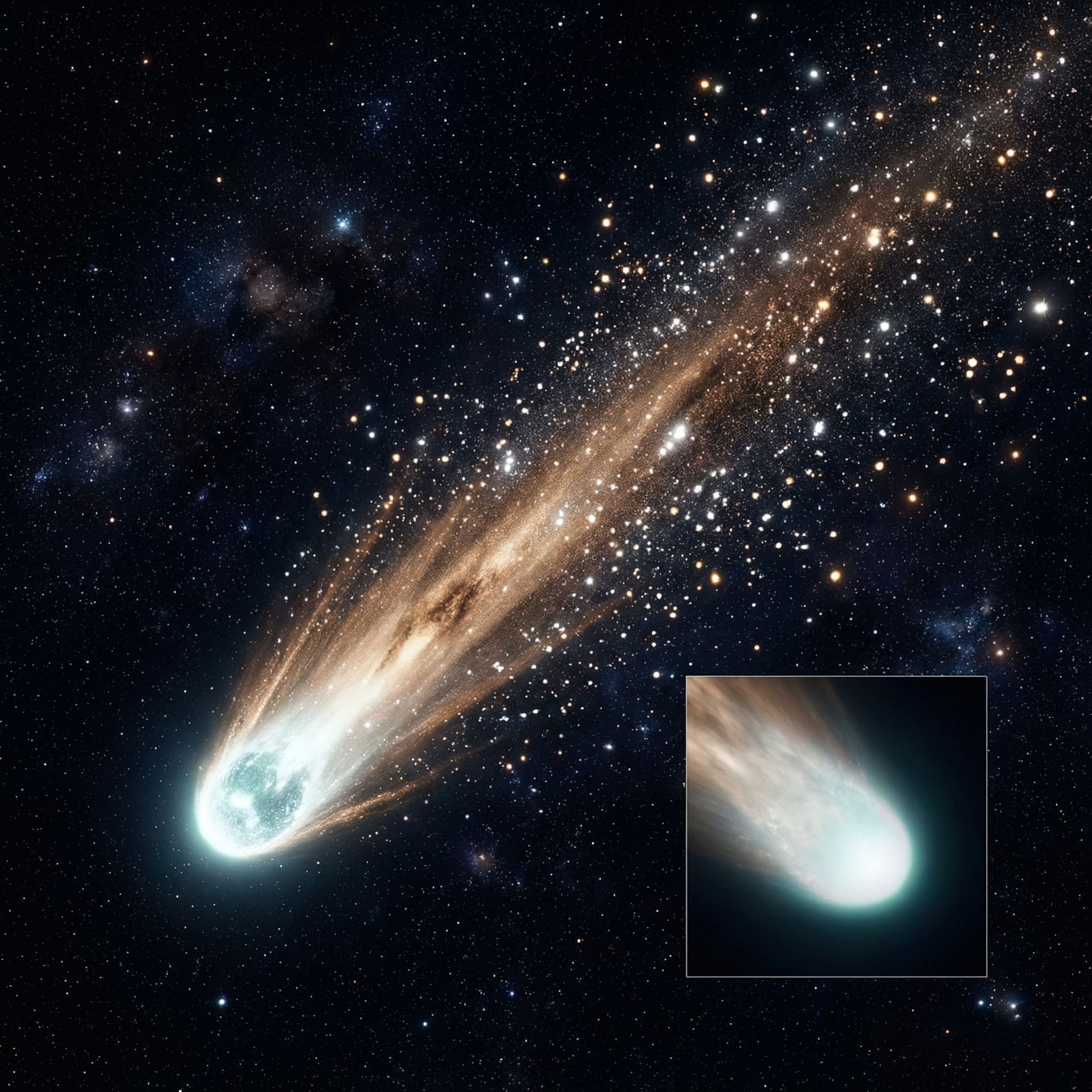 AI generated: a opal white comet with a long bronze tail with white and gold sparkles sprinkling off of it in the ...