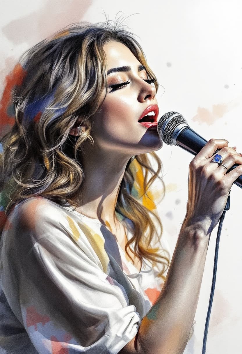 AI generated: Sketch Art, Beautiful Colored Pencil Line, Artistic Brush Strokes, Beautiful, Woman Holding Micropho...