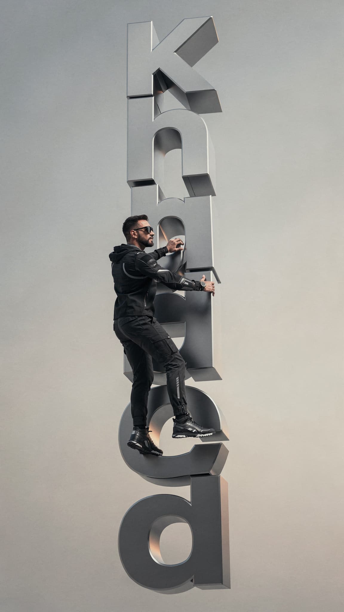 AI generated: Full-body 9:16 photorealistic cinematic image of a man (face 100% same as reference) climbing a tall...