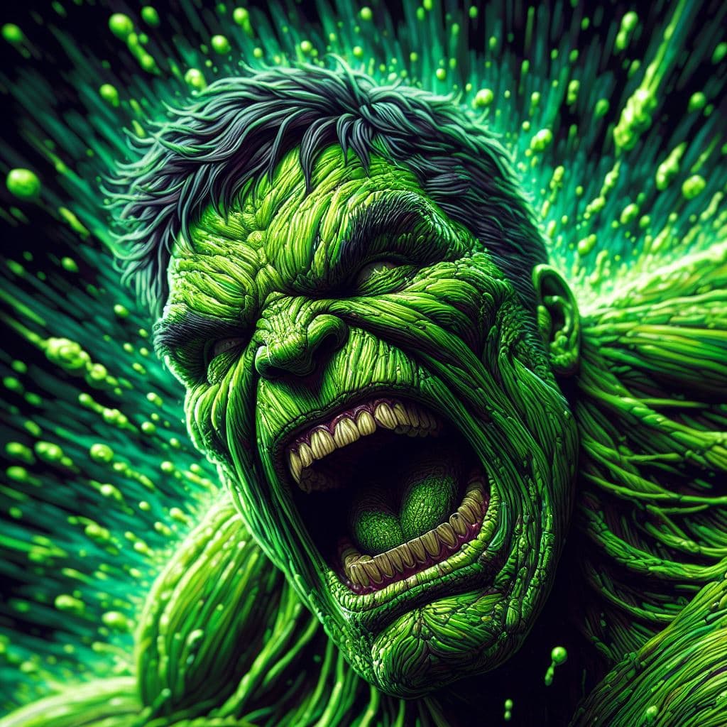 AI generated: close up of Green Globing of Marvel screaming, in a fit of rage, Masterpiece, gigantic scale, ascii-...