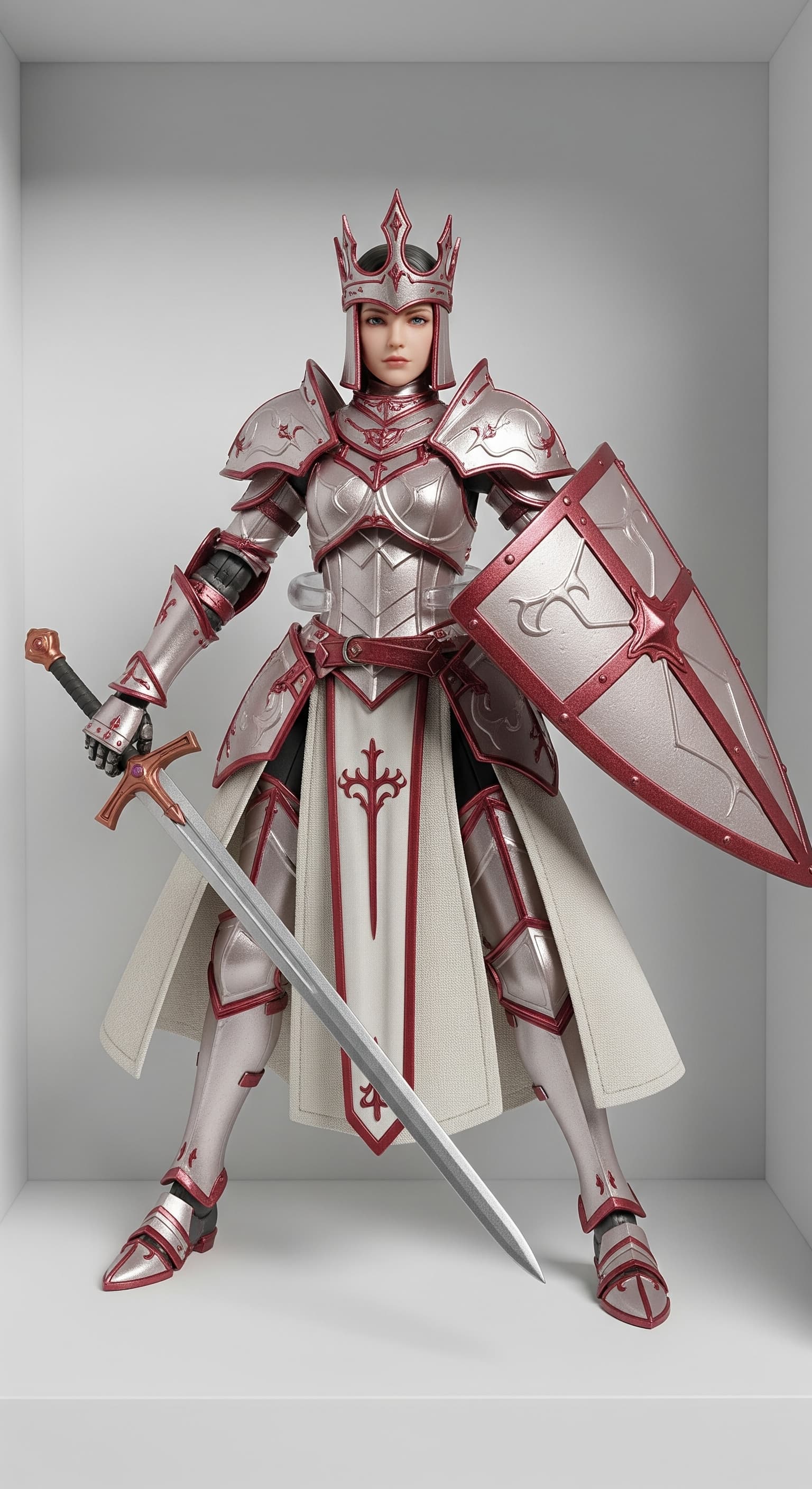AI generated: 3D render of a highly detailed action figure of a knightly priestess in pearl-toned ceremonial armor...