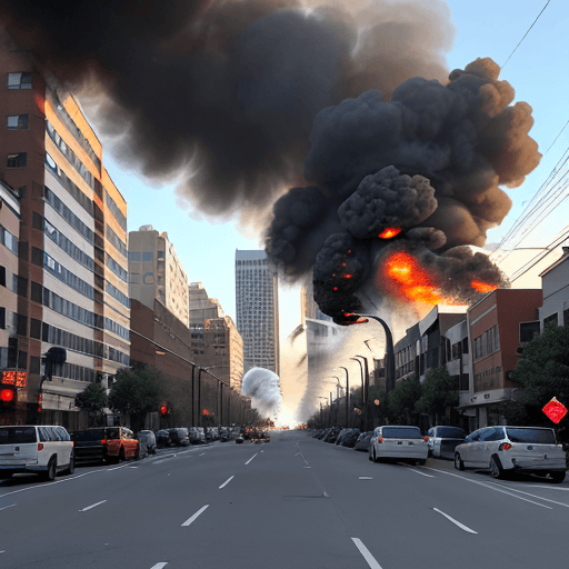 AI generated: Dui explosions and escalating smoke columns from the surrounding residential buildings in the city, ...