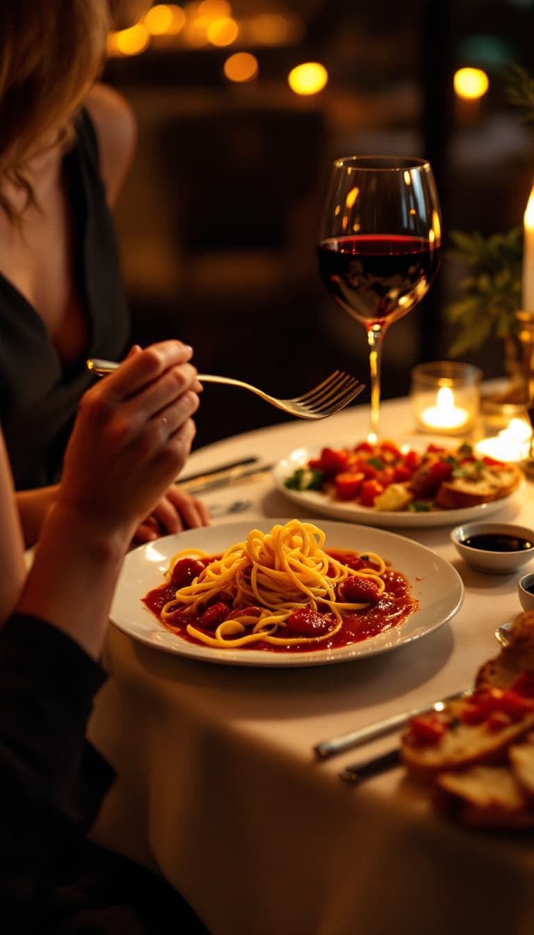 AI generated: A sophisticated evening scene in an upscale Italian restaurant. A woman sits at a beautifully set ta...