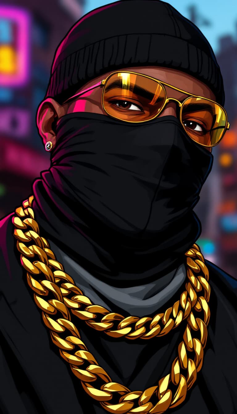 AI generated: Illustration cartoon of a black man in a black mask with a gold chain around his neck, gta chinatowo...