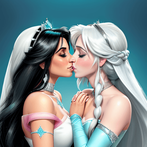 AI generated:  High resolution Elsa, white and pink and silver white hair lesbian, kissing Princess Jasmine from D...