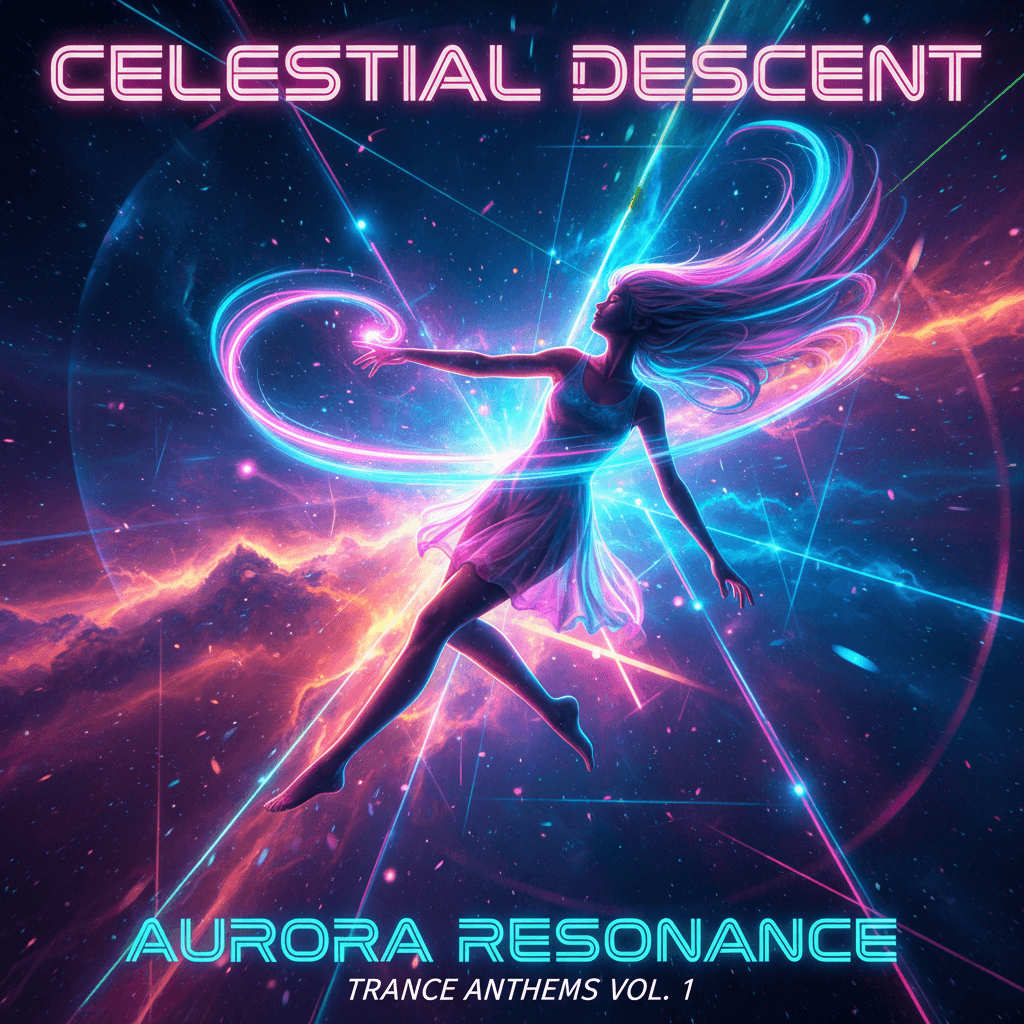 AI generated: futuristic trance music cover, female figure appearing to fall, reaching out with one hand as if see...