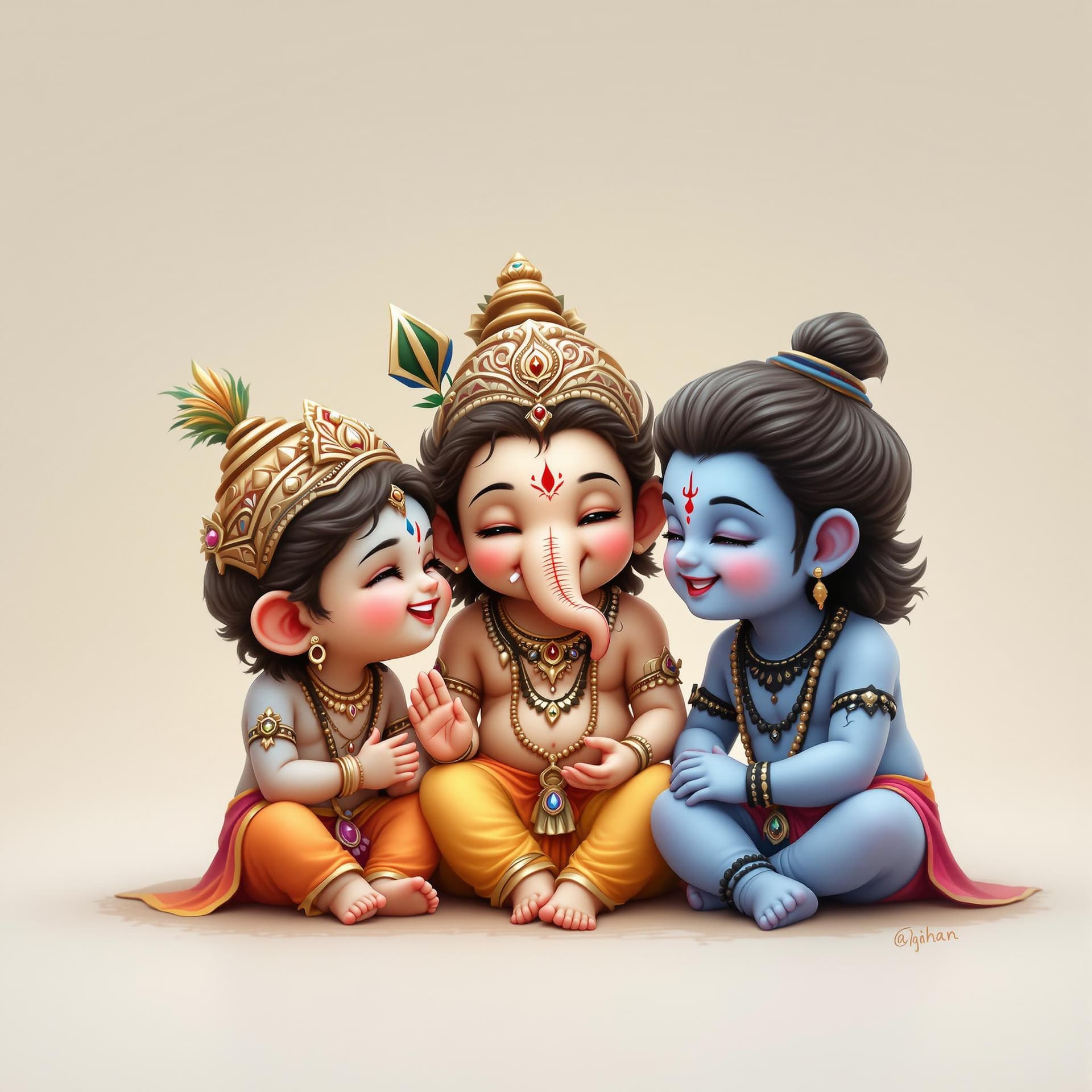 AI generated: Arafed image of a cute little Krishna, Ganesha and Shiva sitting together talking and laughing