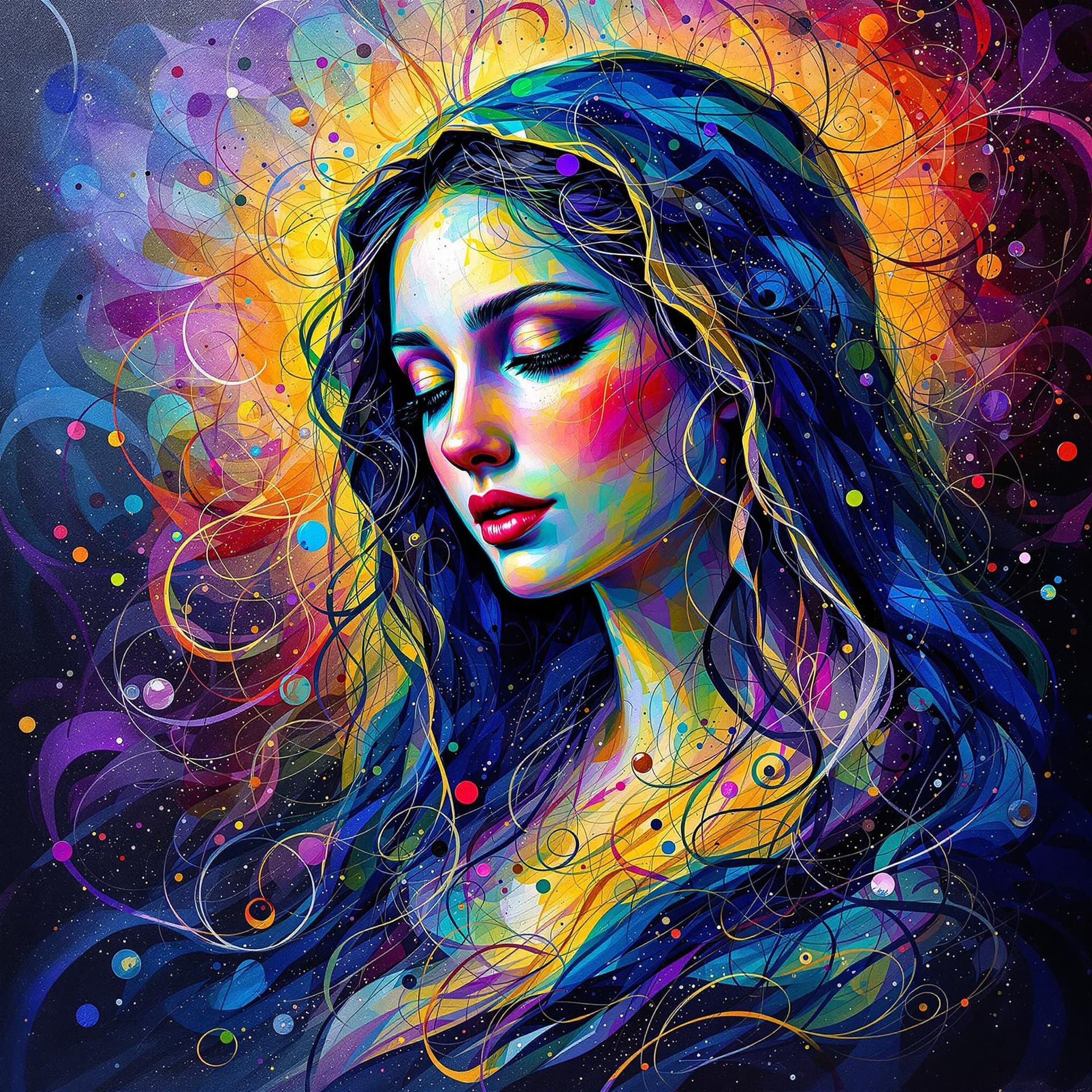 AI generated: An exquisite alcohol ink portrait of THE VIRGIN MARY, featuring a multitude of vibrant colors and sw...